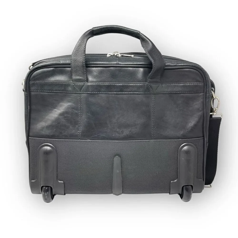 Solo New York Walker Black Leather Briefcase Rolling Travel Luggage Carry On Bag